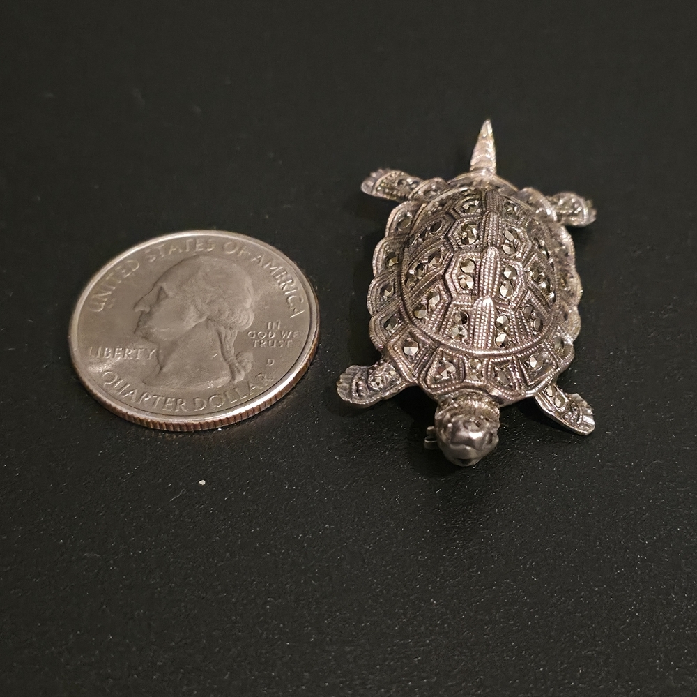 Vintage 835 Silver Marcasite Turtle Brooch Pin - Picture 7 of 7